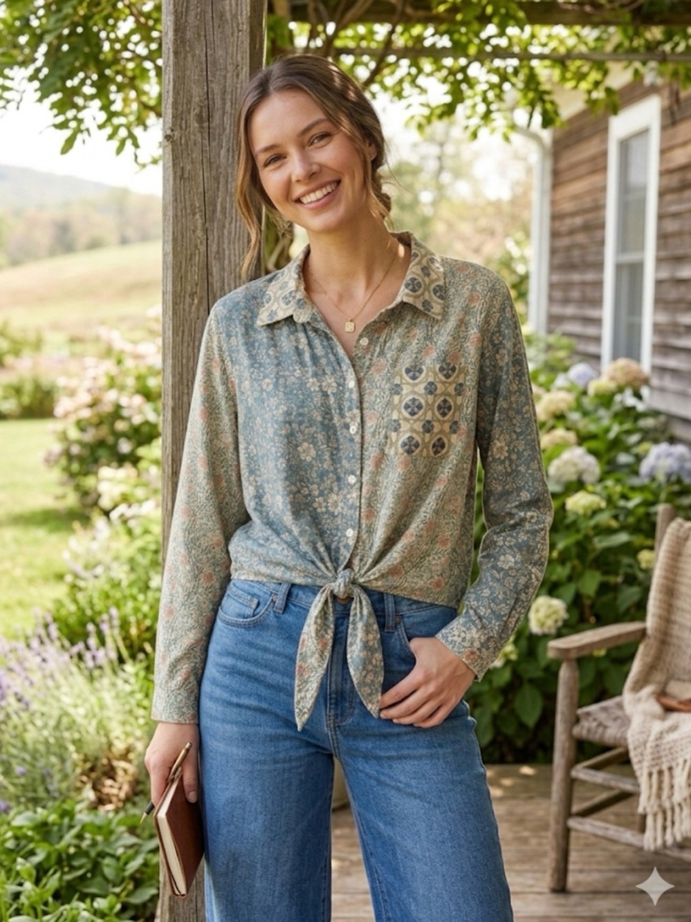NATURAL LIFE Floral Patchwork Tie-Front Button-Down Shirt in Sage and Cream
